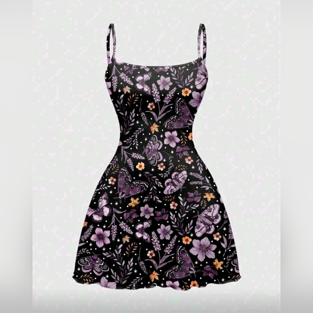 ROMWE Fairycore Dark Mysterious Bohemian Floral & Butterfly Print Mini Dress